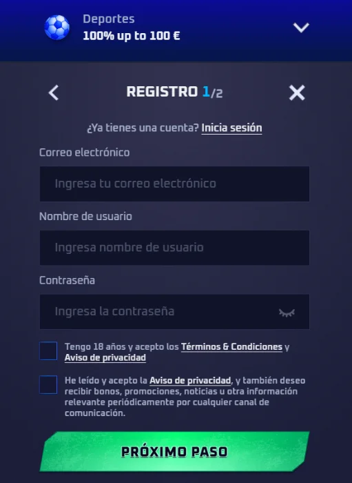 Sportaza casino formulario de registro con bono deportivo y creación de cuenta