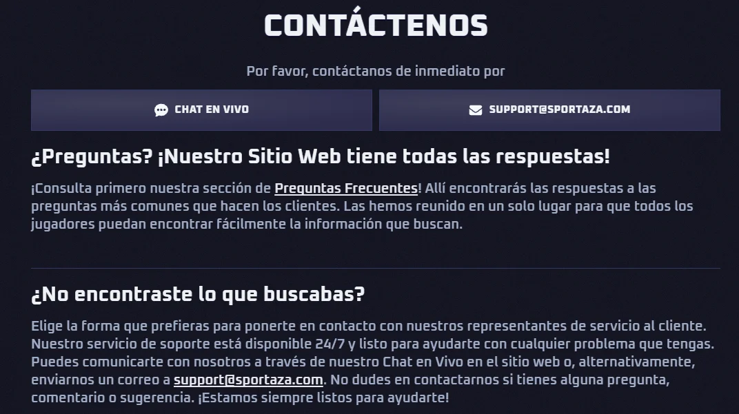 Sportaza casino página de contacto con chat en vivo y soporte al cliente